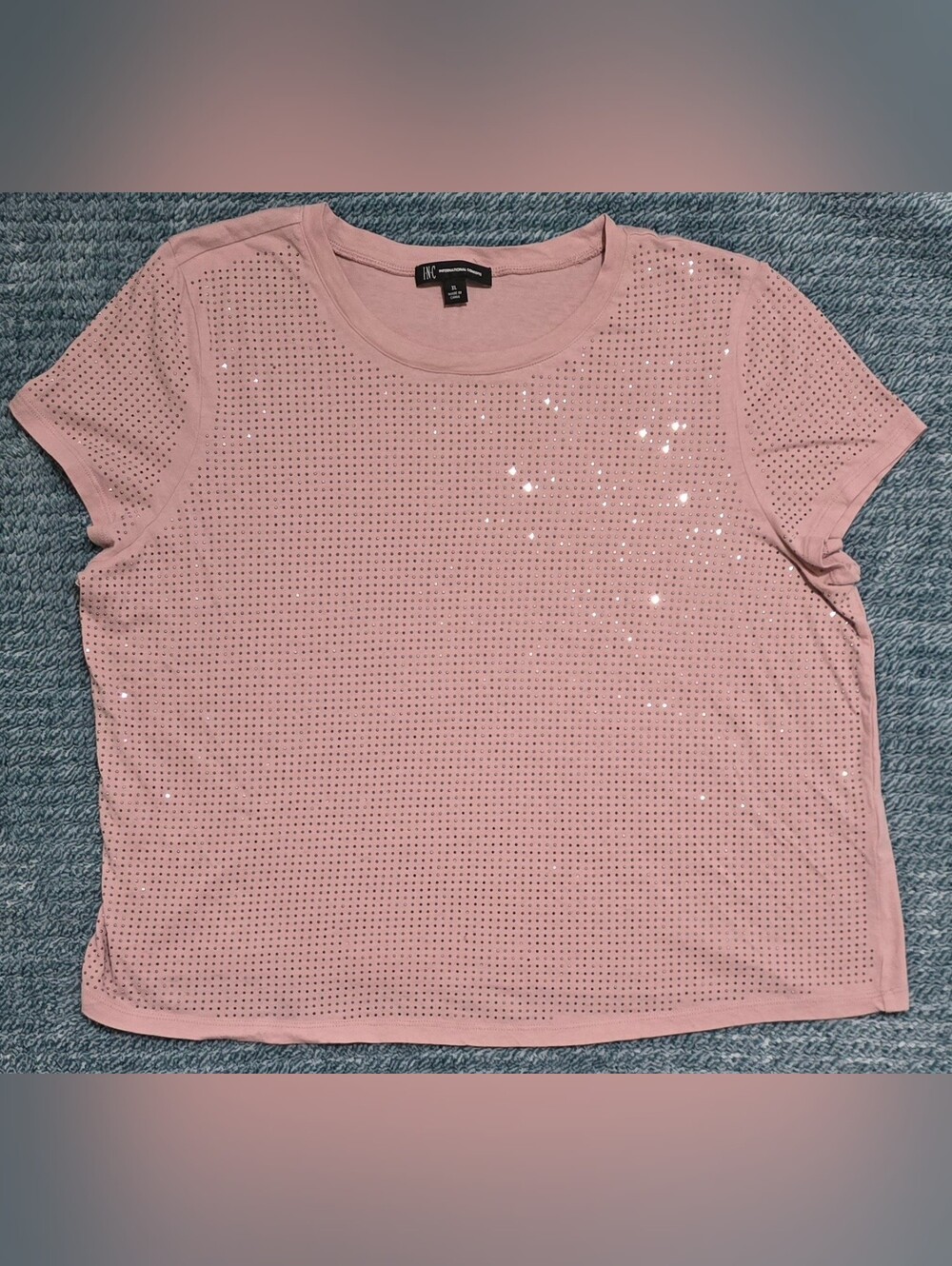 INC International Concepts Blush Pink Short Sleeve Sequin Perforated Tee